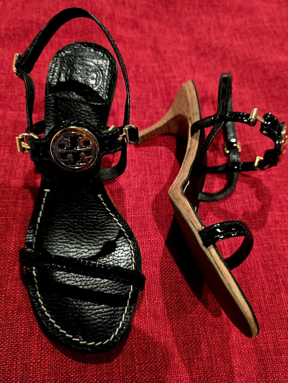 Tory Burch Black Patent Leather Logo Slingback Heels, Size 7.